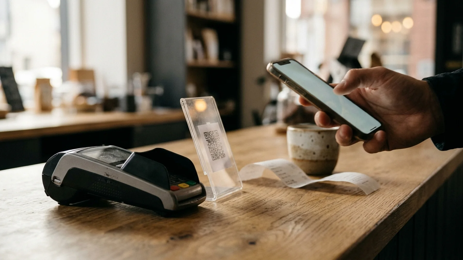 Close-up of a merchant's counter at a small retail shop, a card terminal beside a printed QR code stand, a customer's phone held over the code, afternoon light across the counter surface